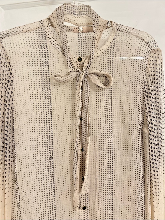 Tory Burch Tops - Tory Burch Cream Sheer Bow-Neck Blouse with Black Dot Stripe Logo on Buttons